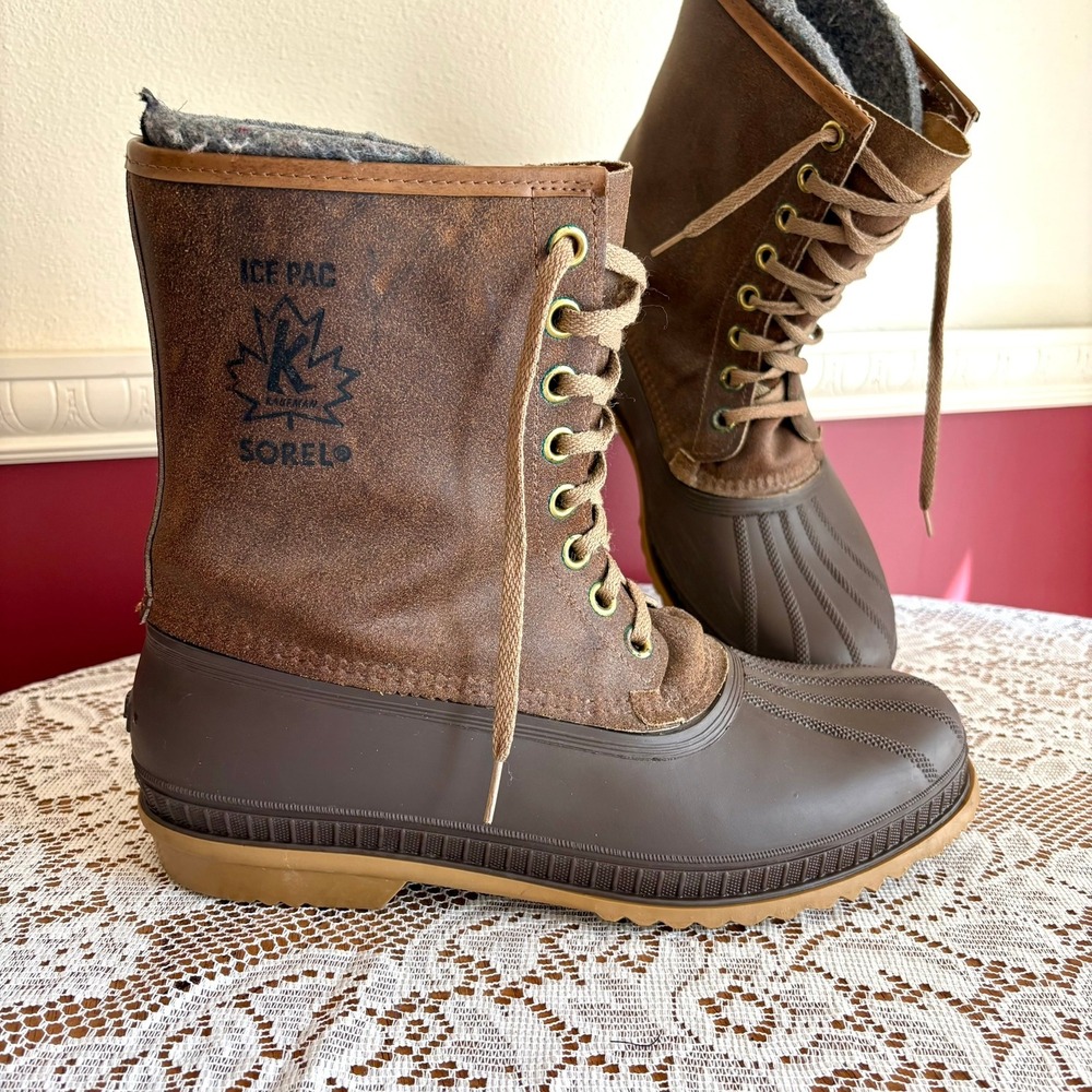 Vintage Sorel Kaufman Ice Pac Brown Leather Duck Boots Mens 12 Made in Canada